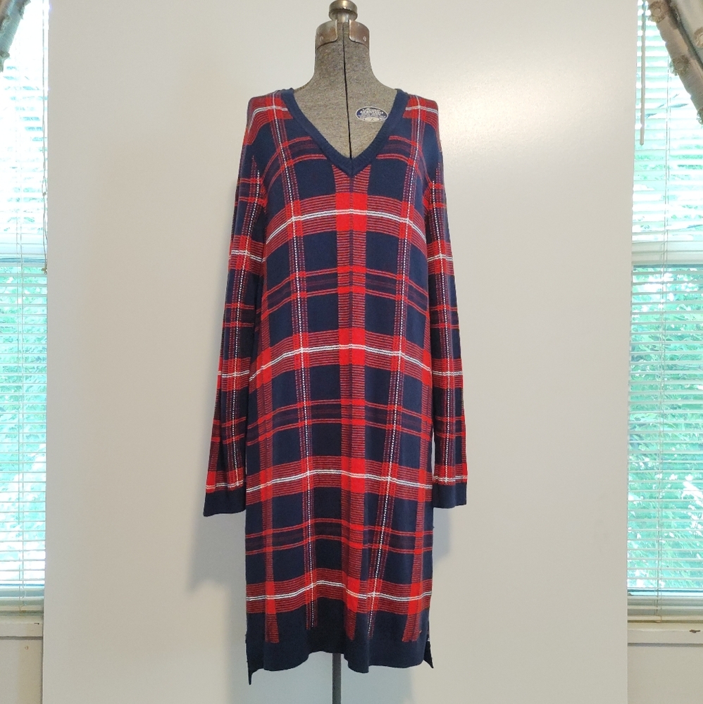 Tommy Hilfiger navy blue & red plaid v-neck long sleeve knit sweater dress